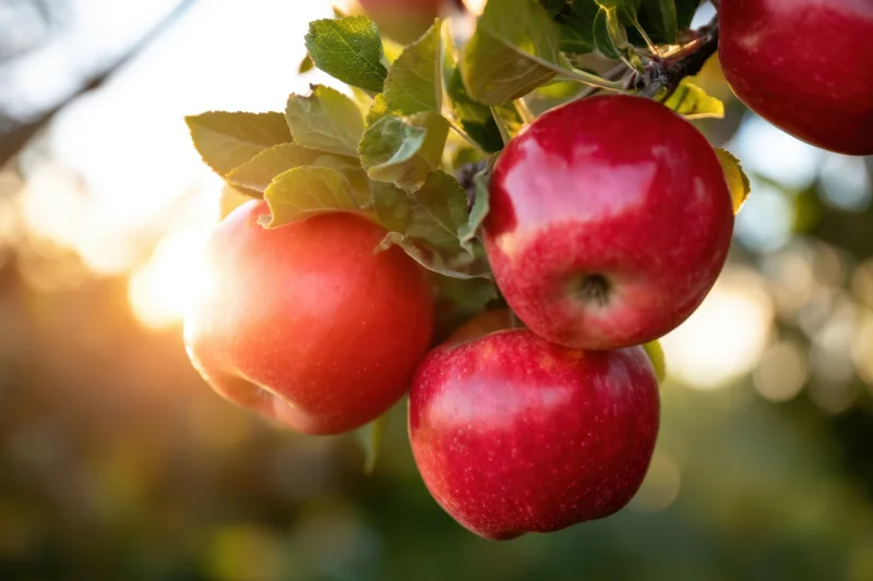 Ripe red apples hanging on a green leafy branch in sunlight