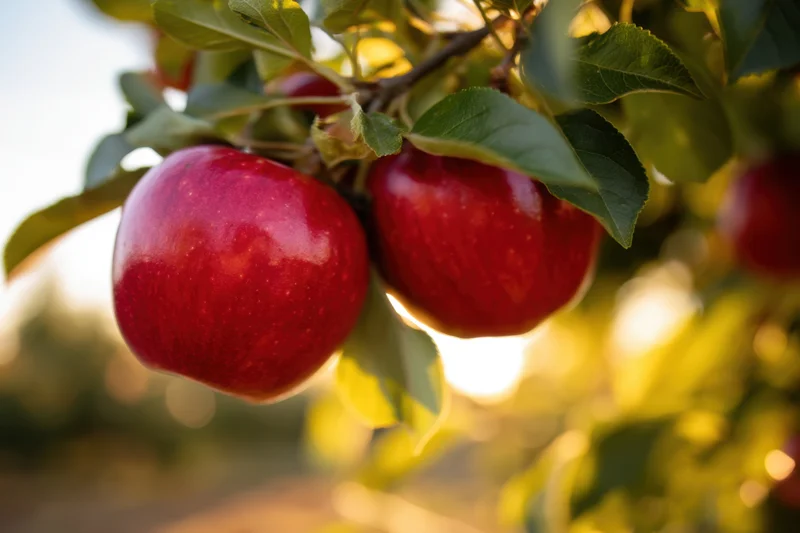 Ripe red apples hanging on a leafy branch in an orchard at golden hour