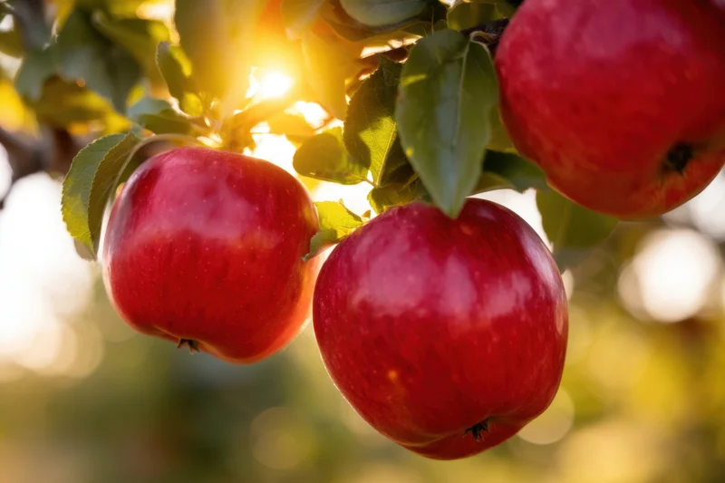 Ripe red apples hanging on a leafy branch in sunlight