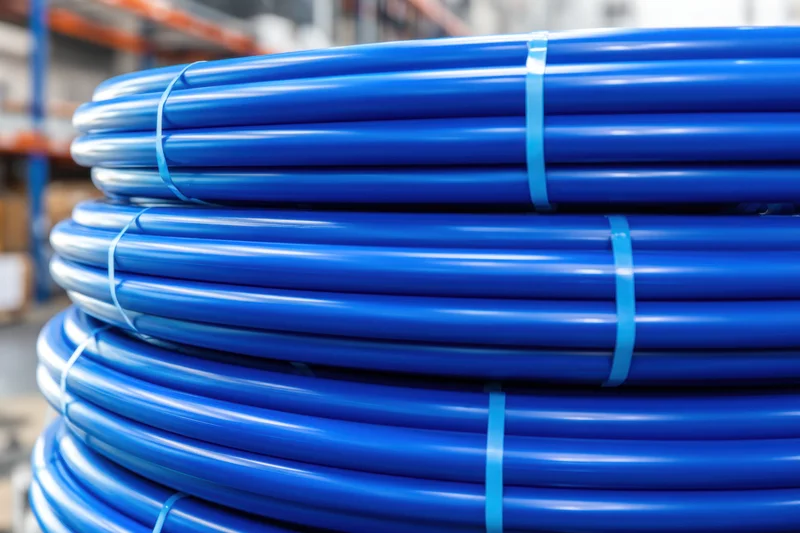 Coiled blue plastic pipes stacked in a warehouse storage area