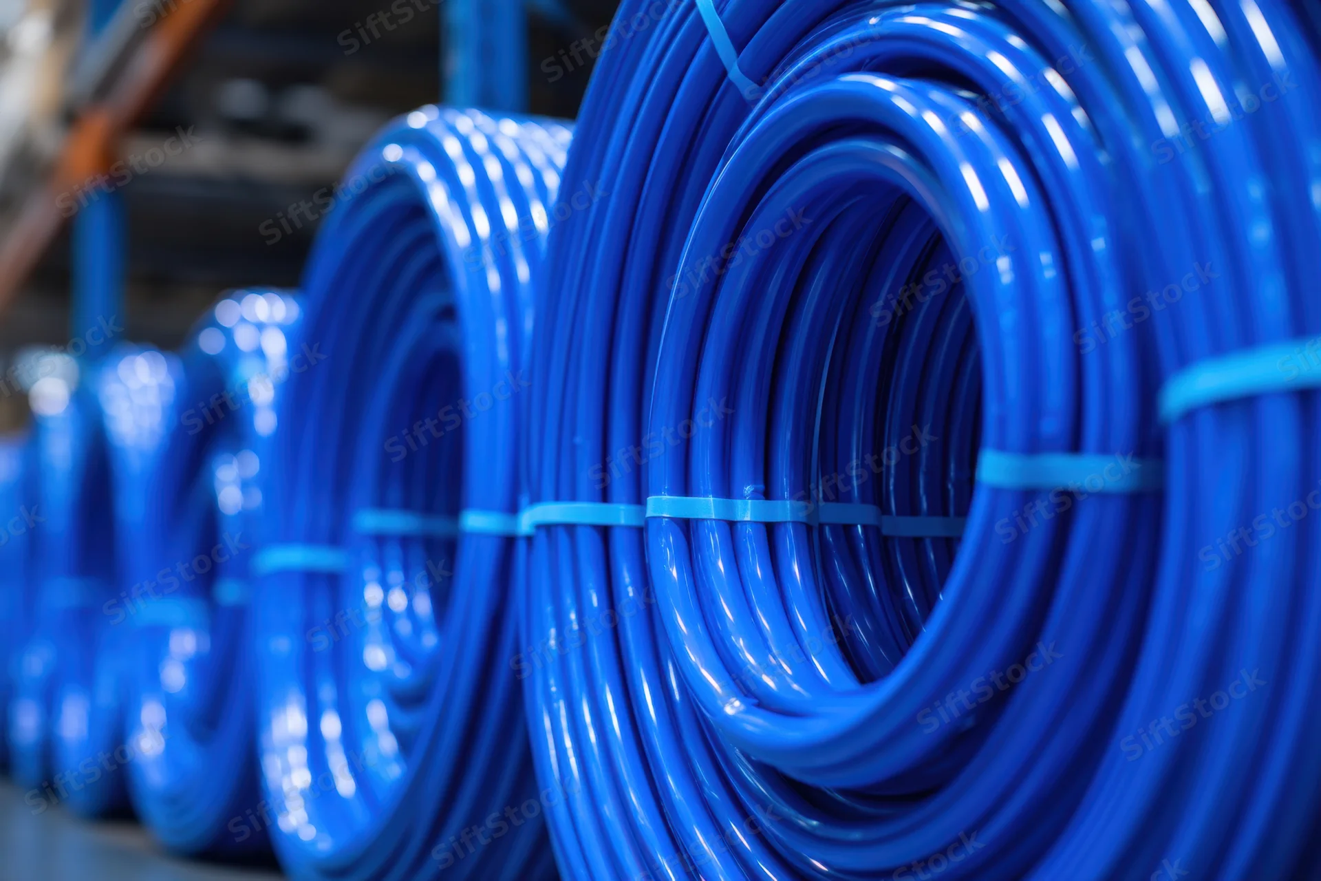 Coiled blue plastic pipes stacked neatly in a warehouse storage area
