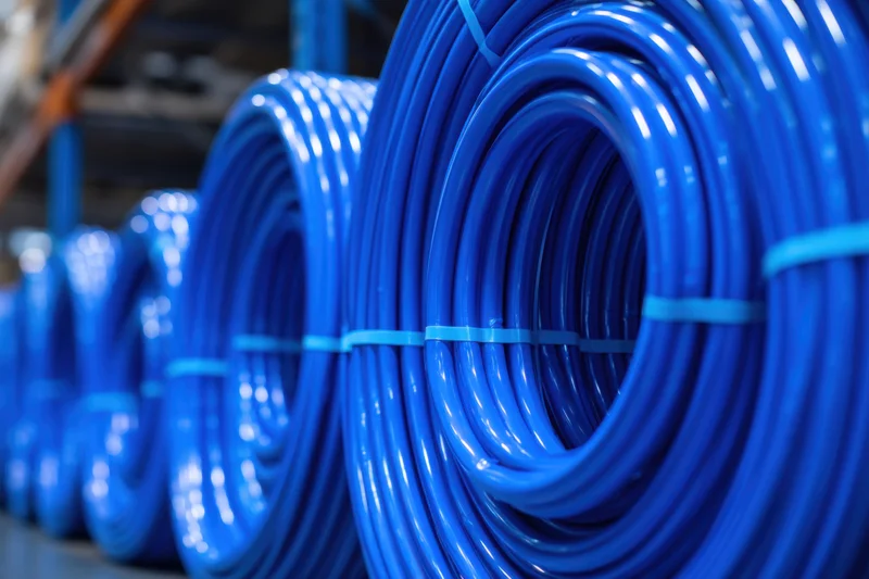 Coiled blue plastic pipes stacked neatly in a warehouse storage area