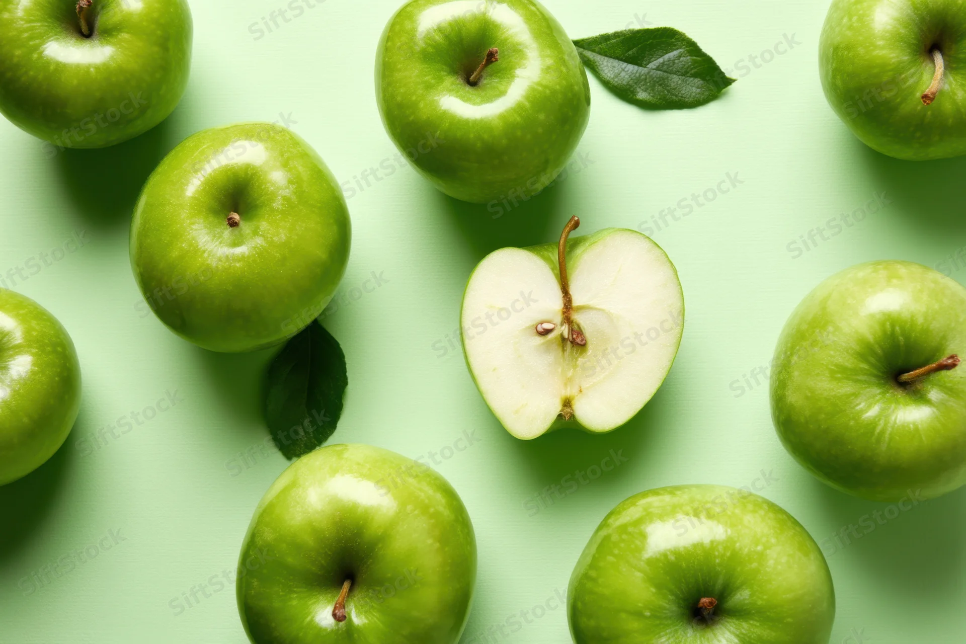 Shiny green apples arranged on light green background with one sliced in half showing core and seeds