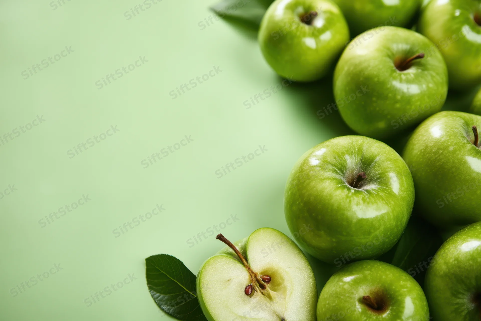 Shiny green apples arranged on light green background with one sliced and leaves, copyspace on left