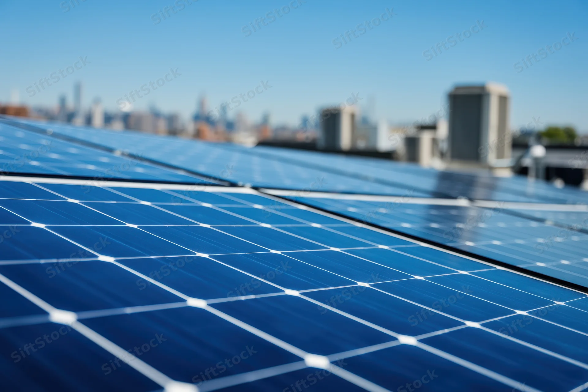 Solar panels installed on a rooftop with glossy surface under clear sky and city skyline in background