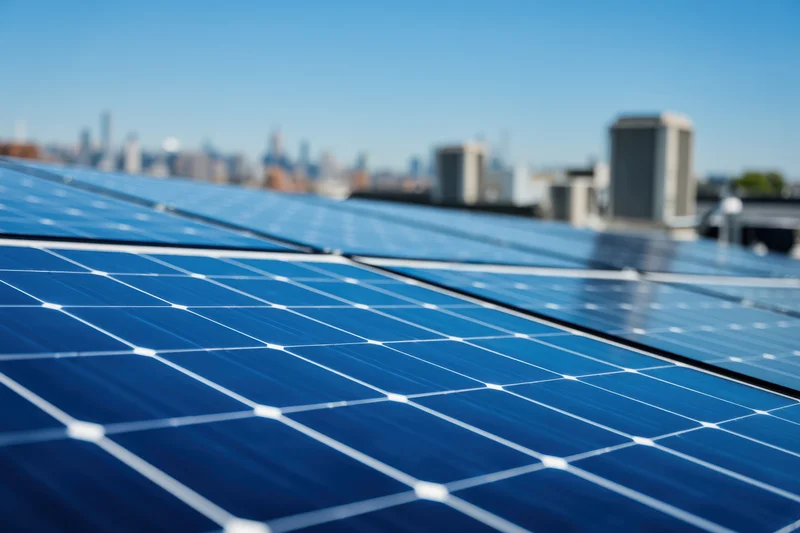 Solar panels installed on a rooftop with glossy surface under clear sky and city skyline in background