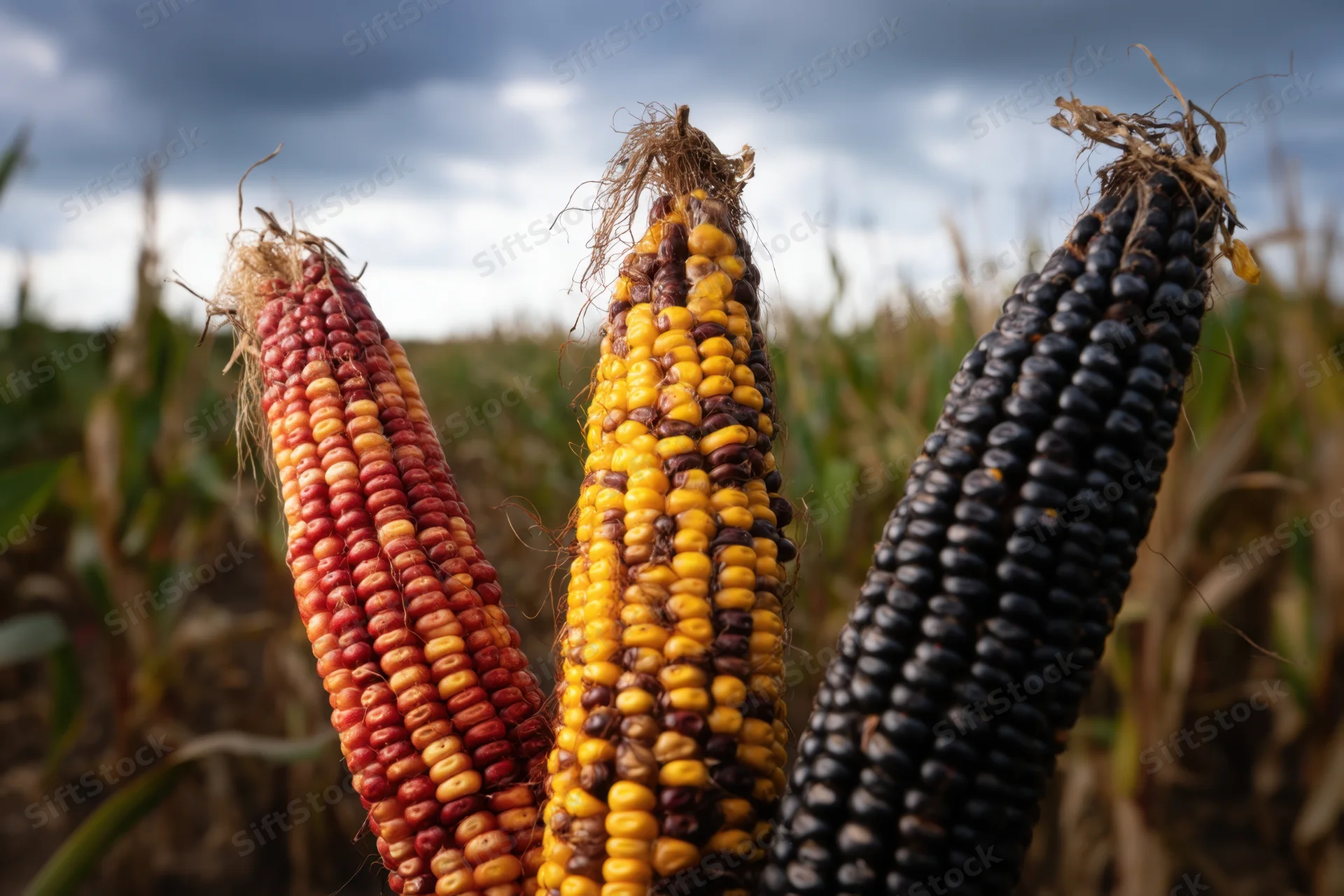 Three ears of corn with red, yellow, and black kernels standing in a field under a cloudy sky