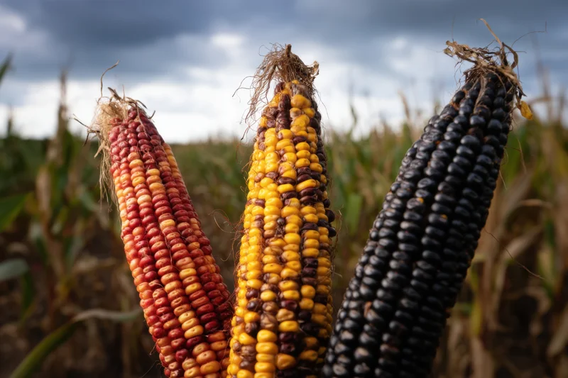 Three ears of corn with red, yellow, and black kernels standing in a field under a cloudy sky
