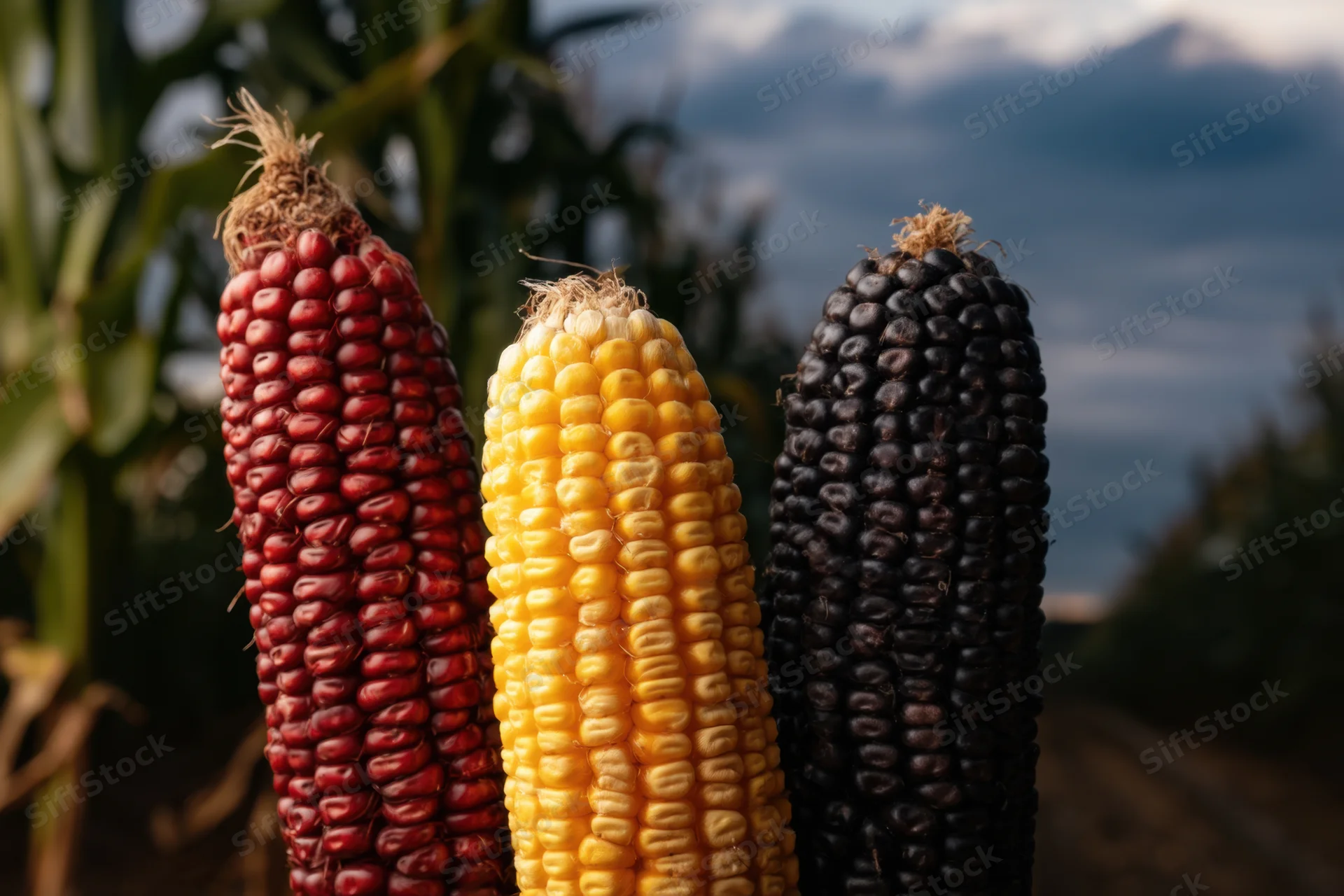 Three ears of corn in red yellow and black arranged upright in a field with blurred foliage and sky behind