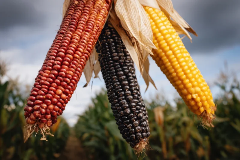 Three ears of corn in red, yellow and black hanging in a field with husks partially removed under cloudy sky