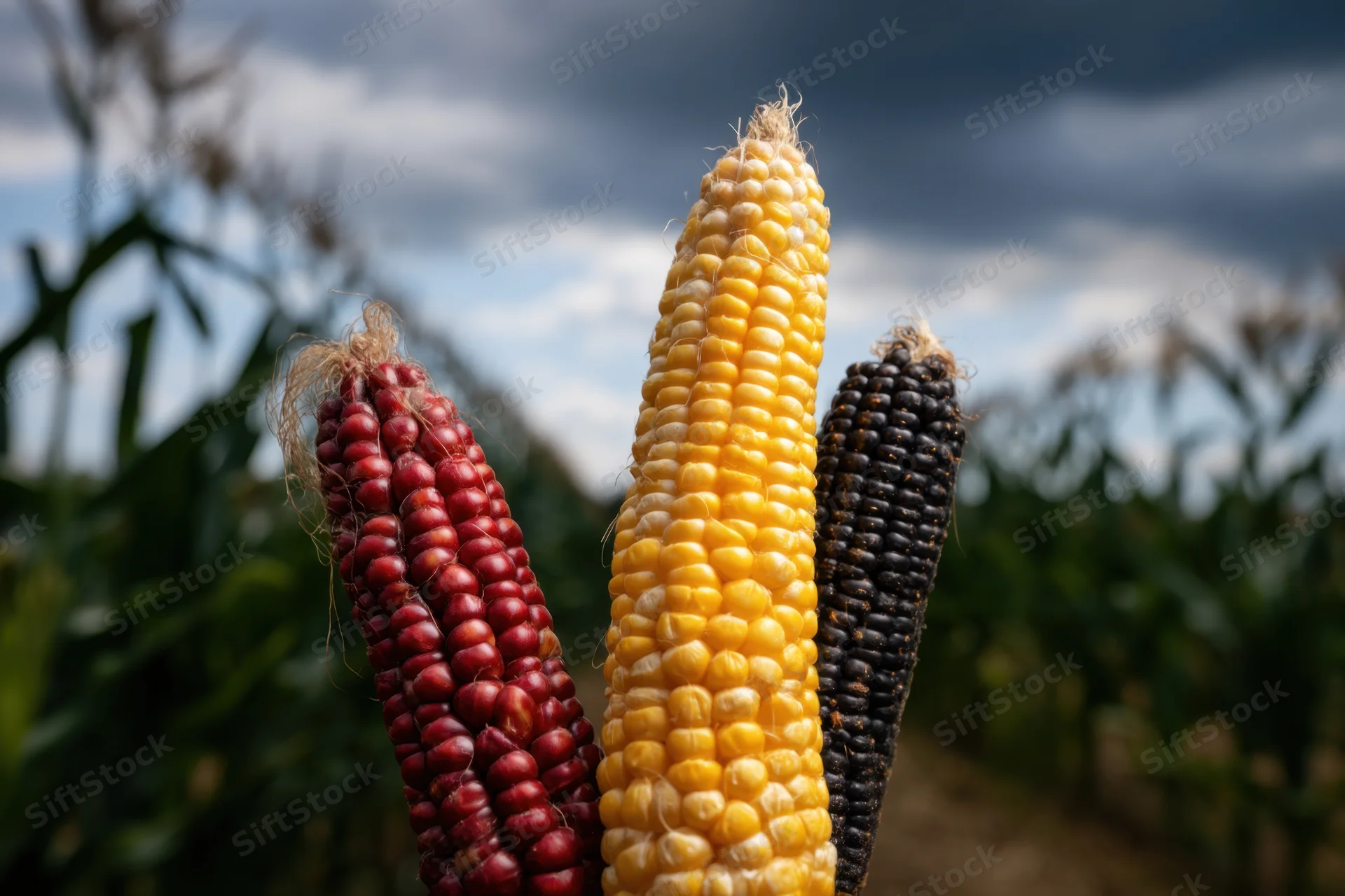 Three ears of corn in red, yellow, and black colors standing in a field under cloudy sky