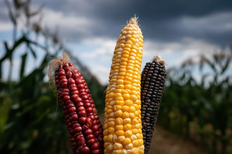 Three ears of corn in red, yellow, and black colors standing in a field under cloudy sky