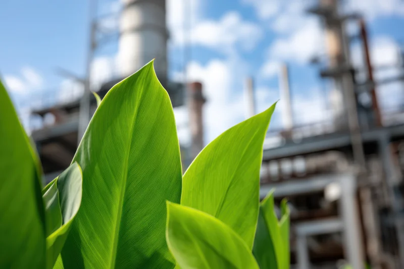 Vibrant green leaves in foreground with industrial refinery in blurred background