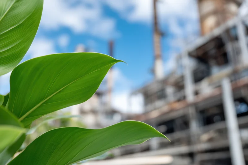 Vibrant green leaves in foreground with blurred industrial factory in background