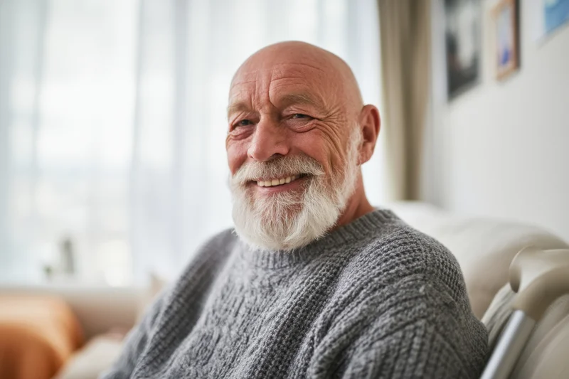 Senior man smiling while seated on a couch in a bright living room