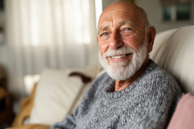 Elderly man smiling while seated on a couch in a living room