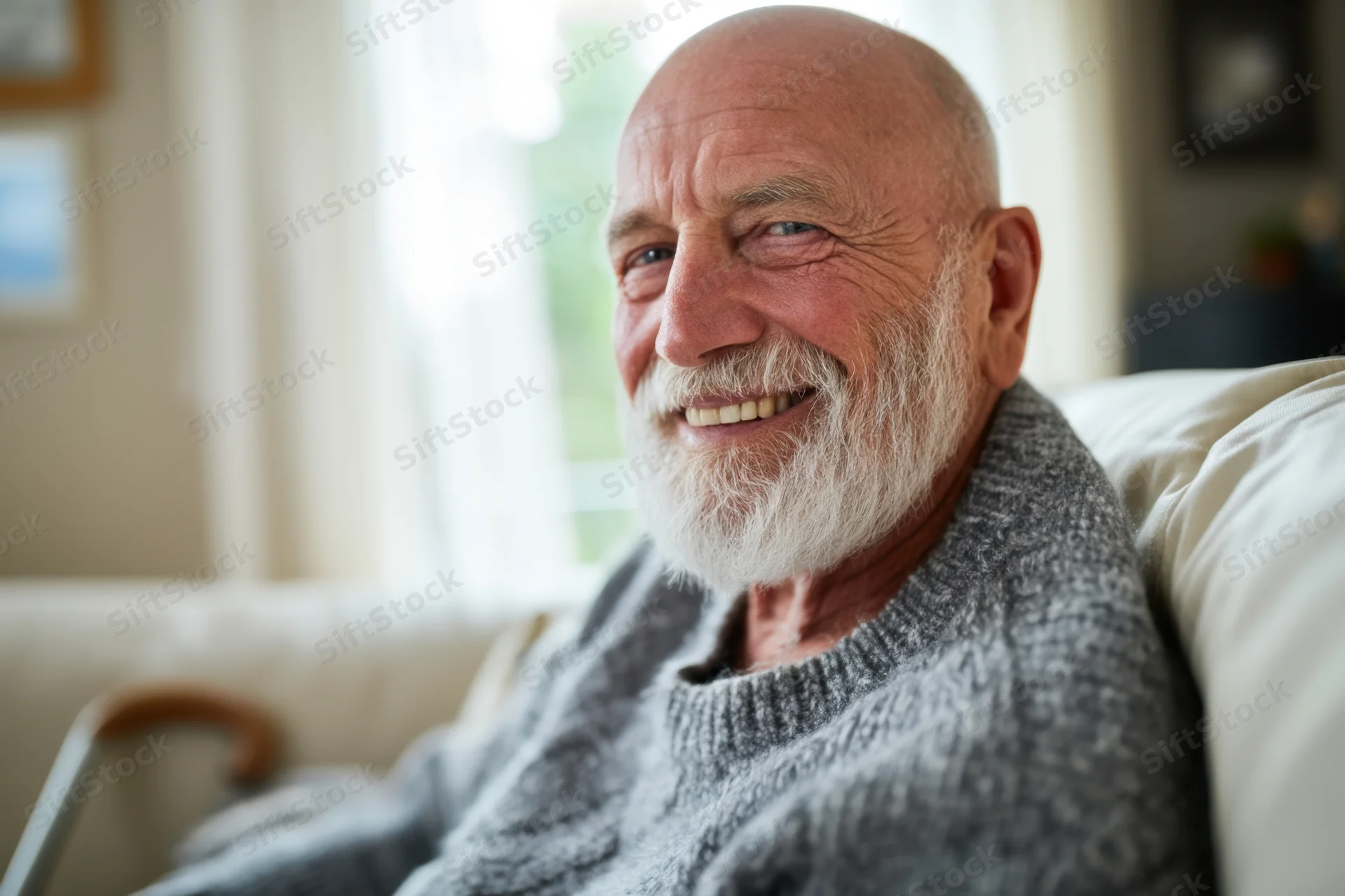 Elderly man smiling while seated on a couch in a living room