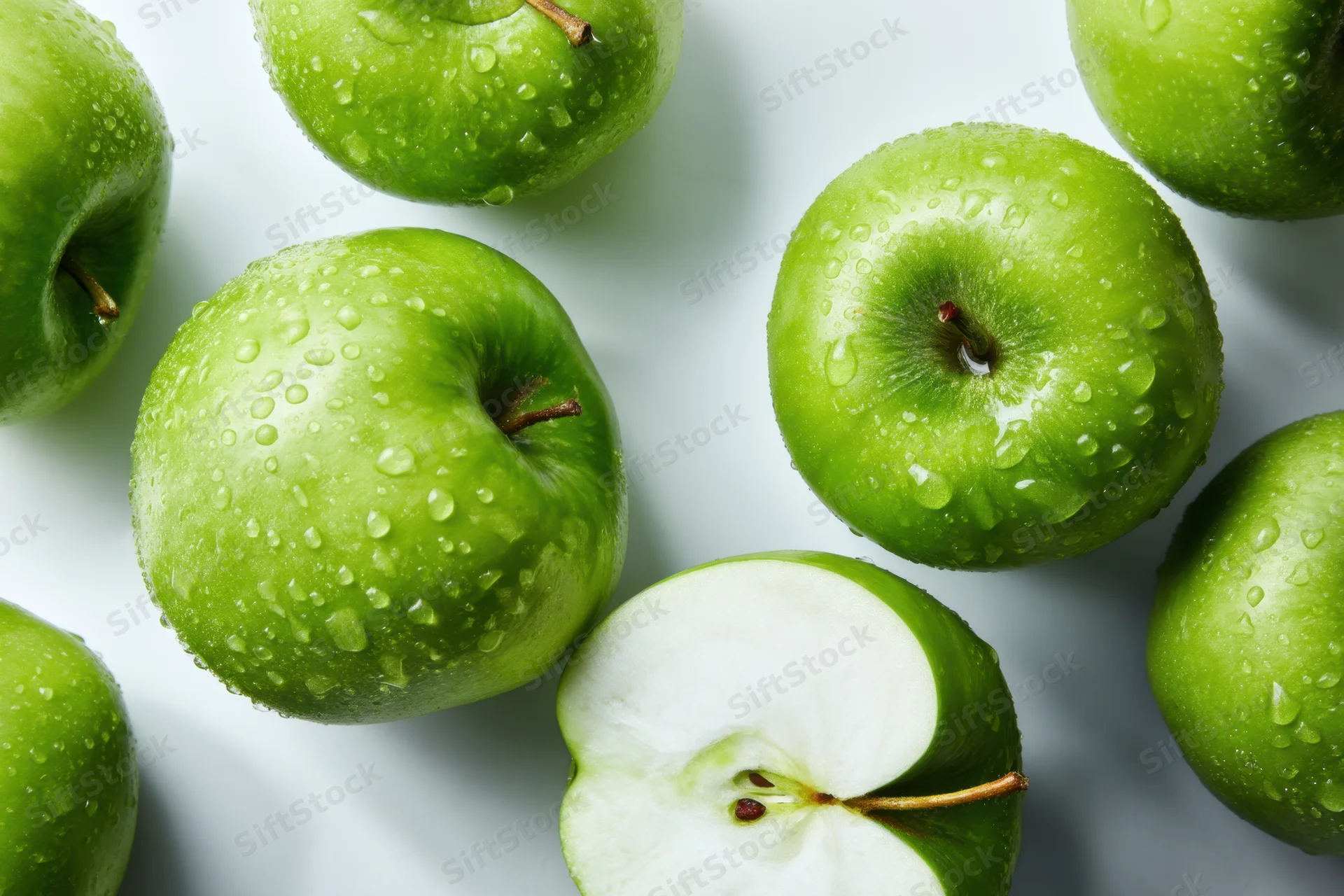 Green apples with water droplets arranged on white surface, one sliced in half showing core and seeds