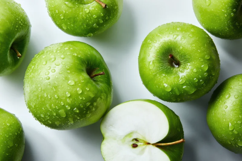 Green apples with water droplets arranged on white surface, one sliced in half showing core and seeds