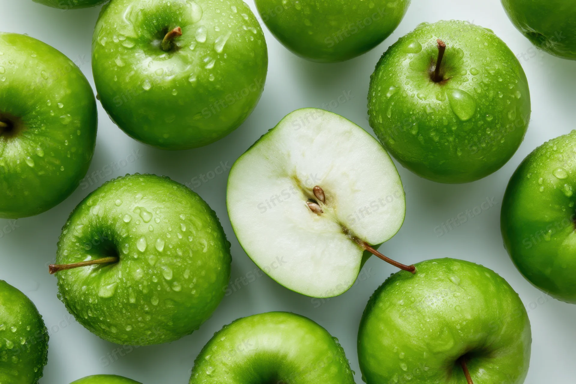 Green apples arranged on white surface with one sliced in half showing core and seeds, covered in water droplets