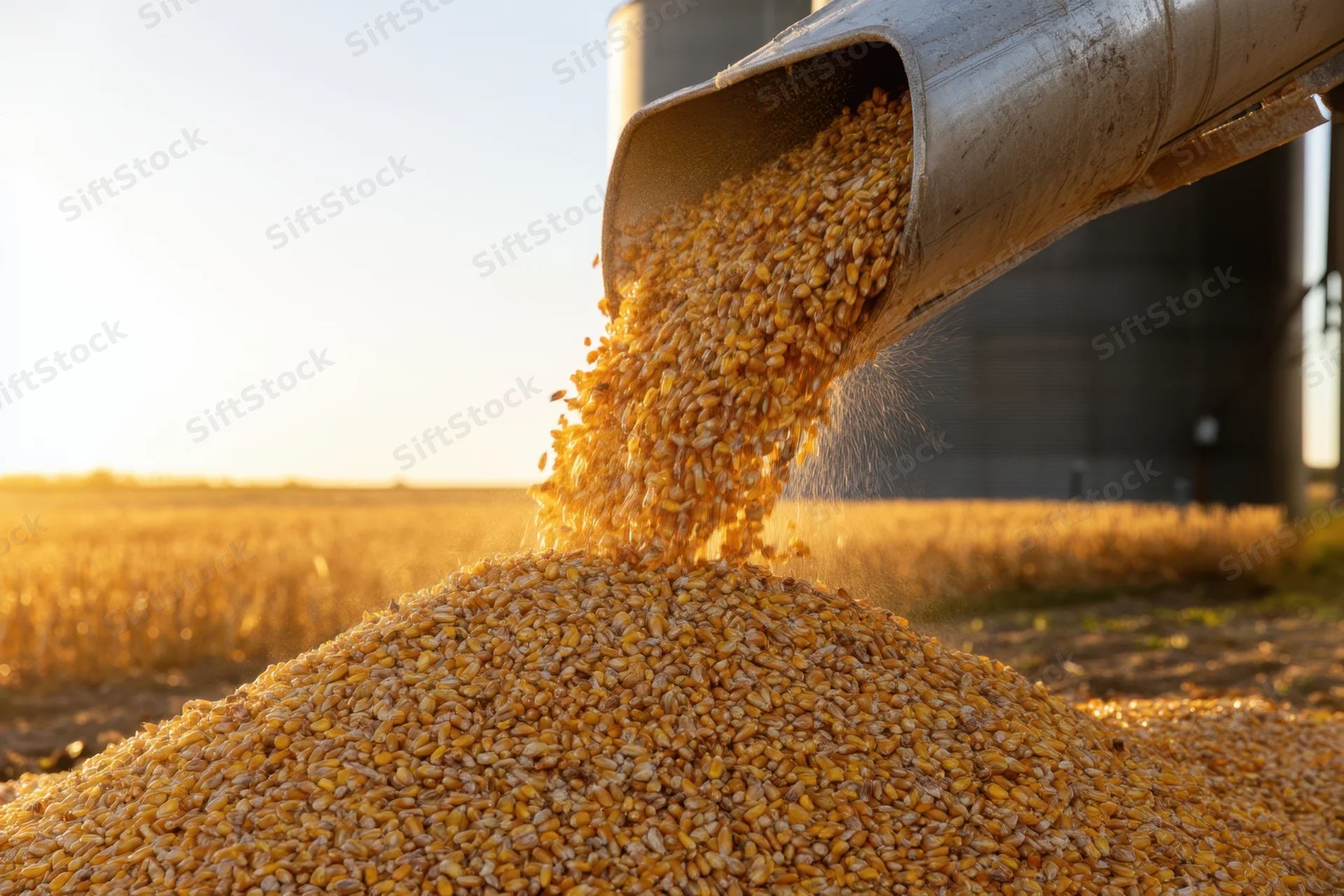 Corn being poured from a metal chute into a pile in a field near a silo