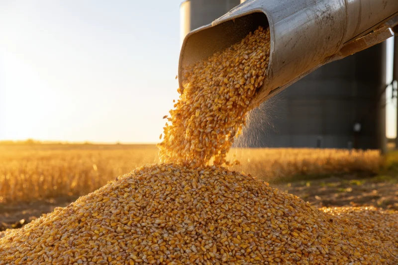 Corn being poured from a metal chute into a pile in a field near a silo