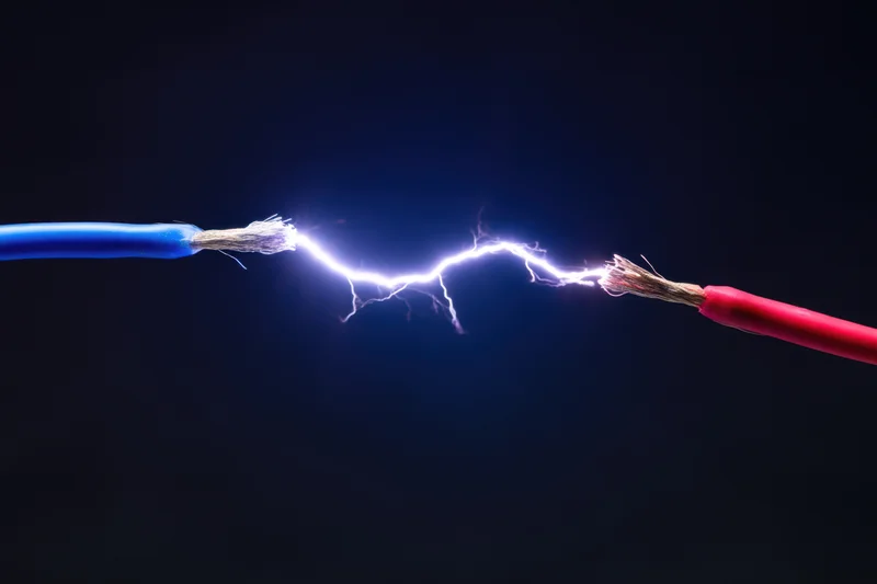 Blue and red electrical wires with exposed copper ends creating a bright electric arc in the gap between them against a dark background