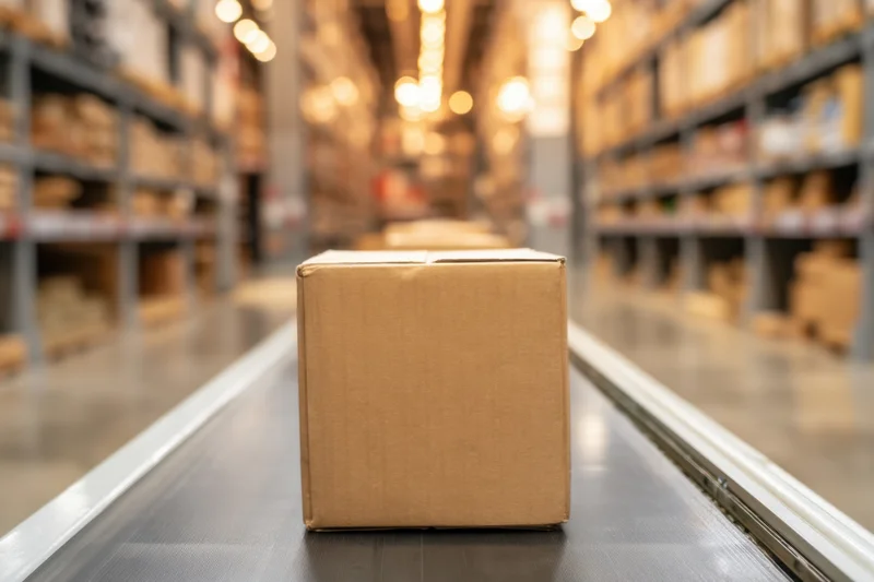 Cardboard box moving on conveyor belt in warehouse aisle