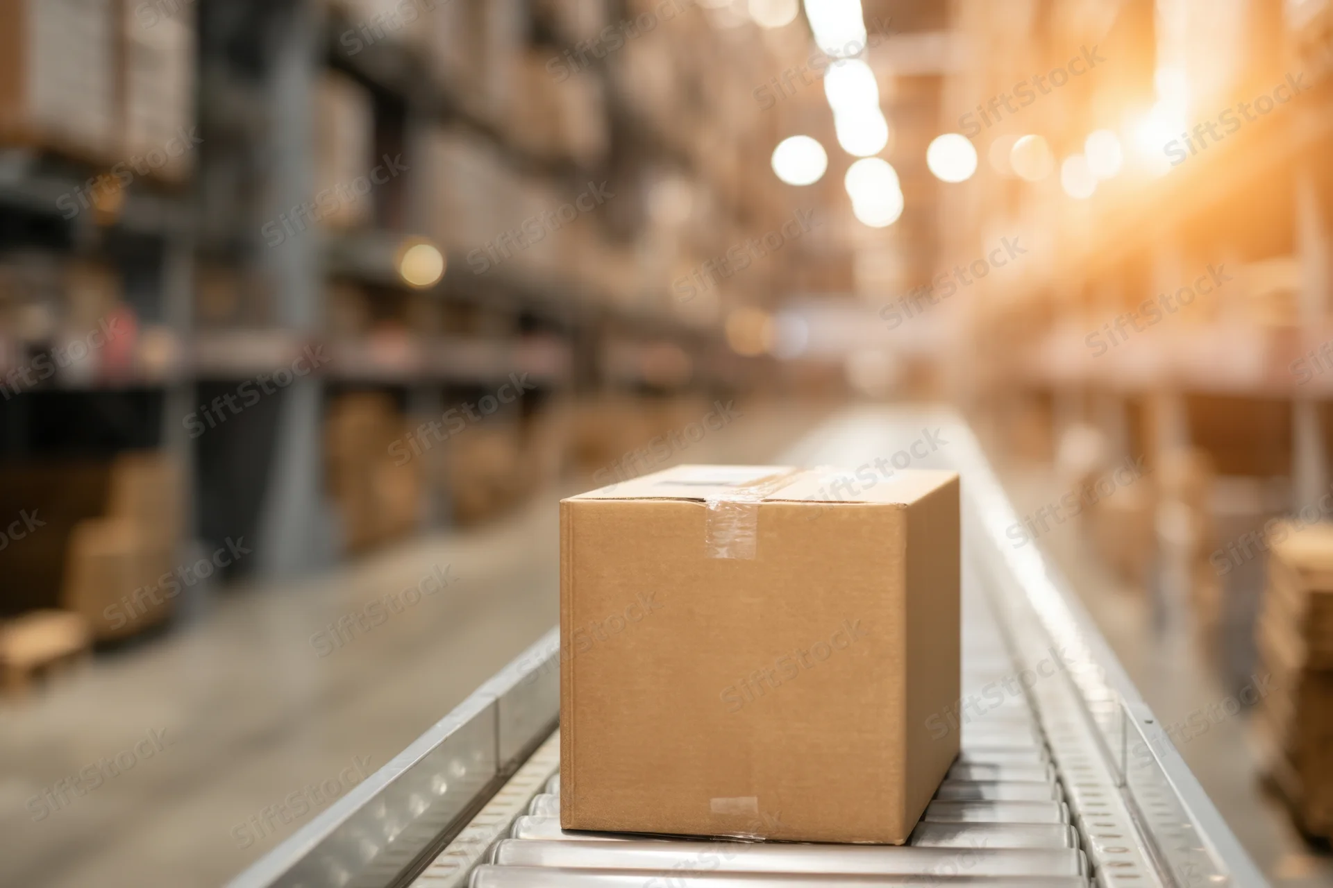 Cardboard box moving on conveyor belt in warehouse