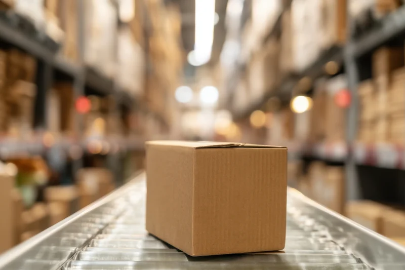 Cardboard box moving on conveyor belt in warehouse