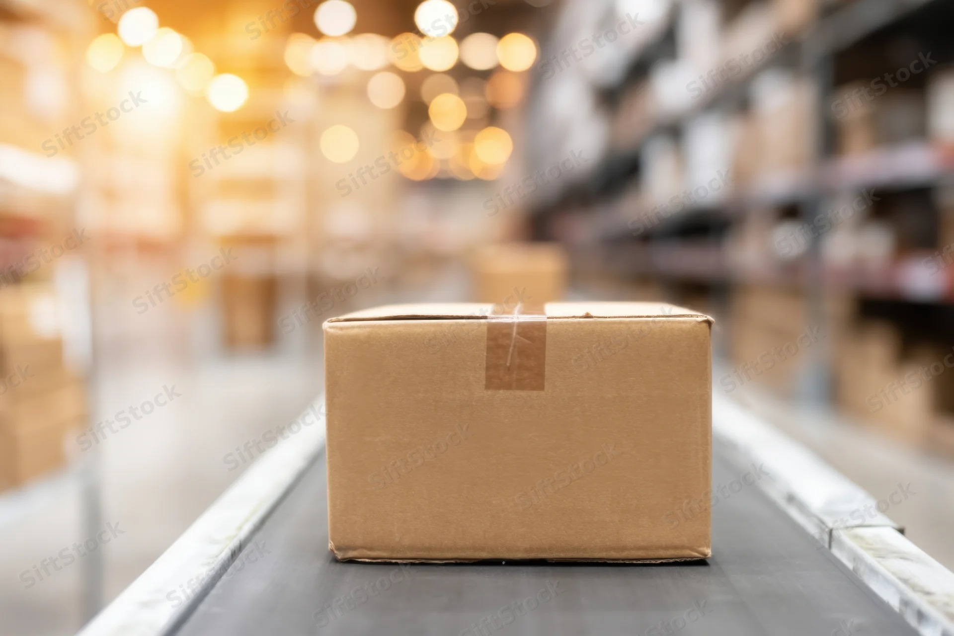 Cardboard box on conveyor belt in warehouse