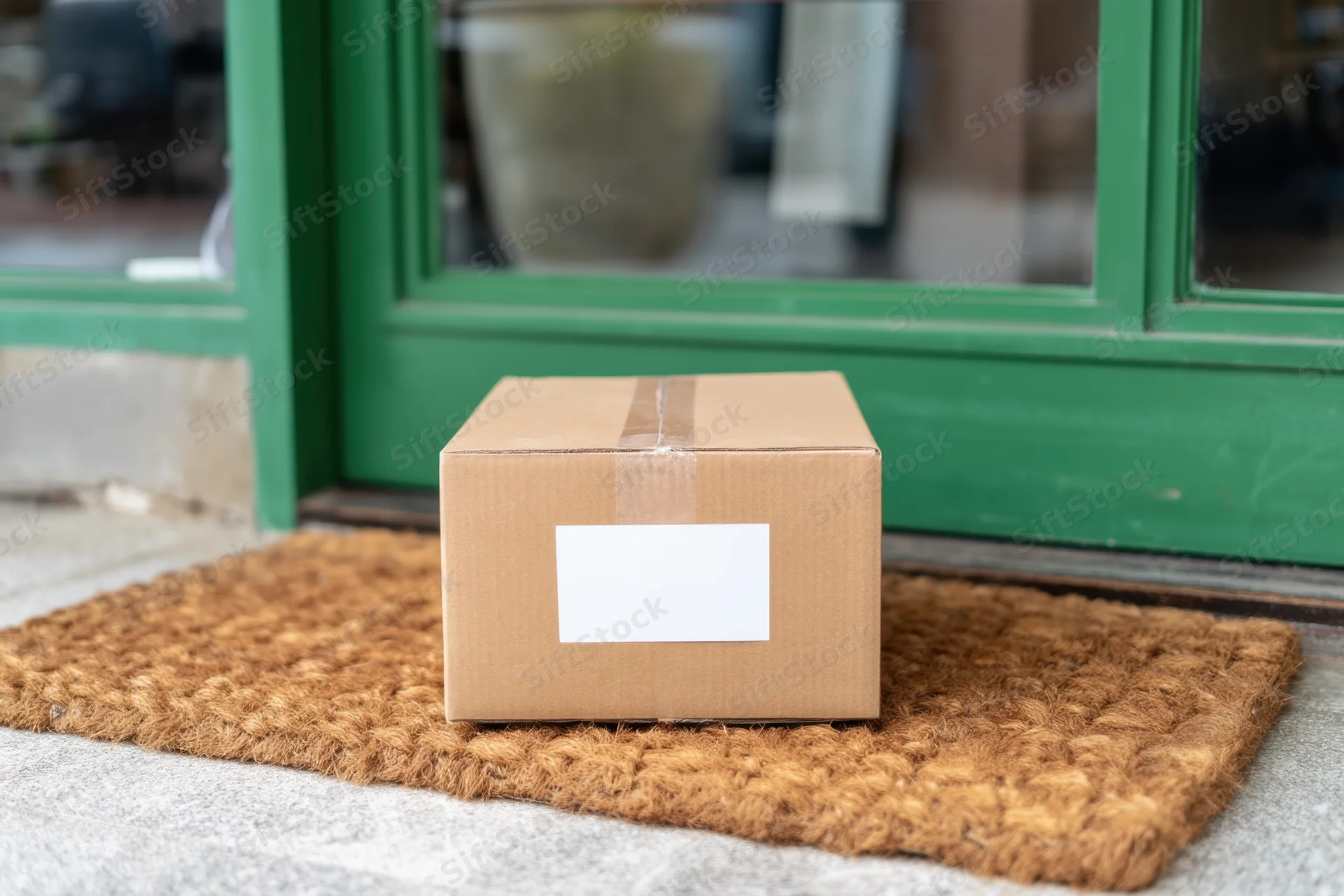 Cardboard box with blank label placed on doormat at front door entrance
