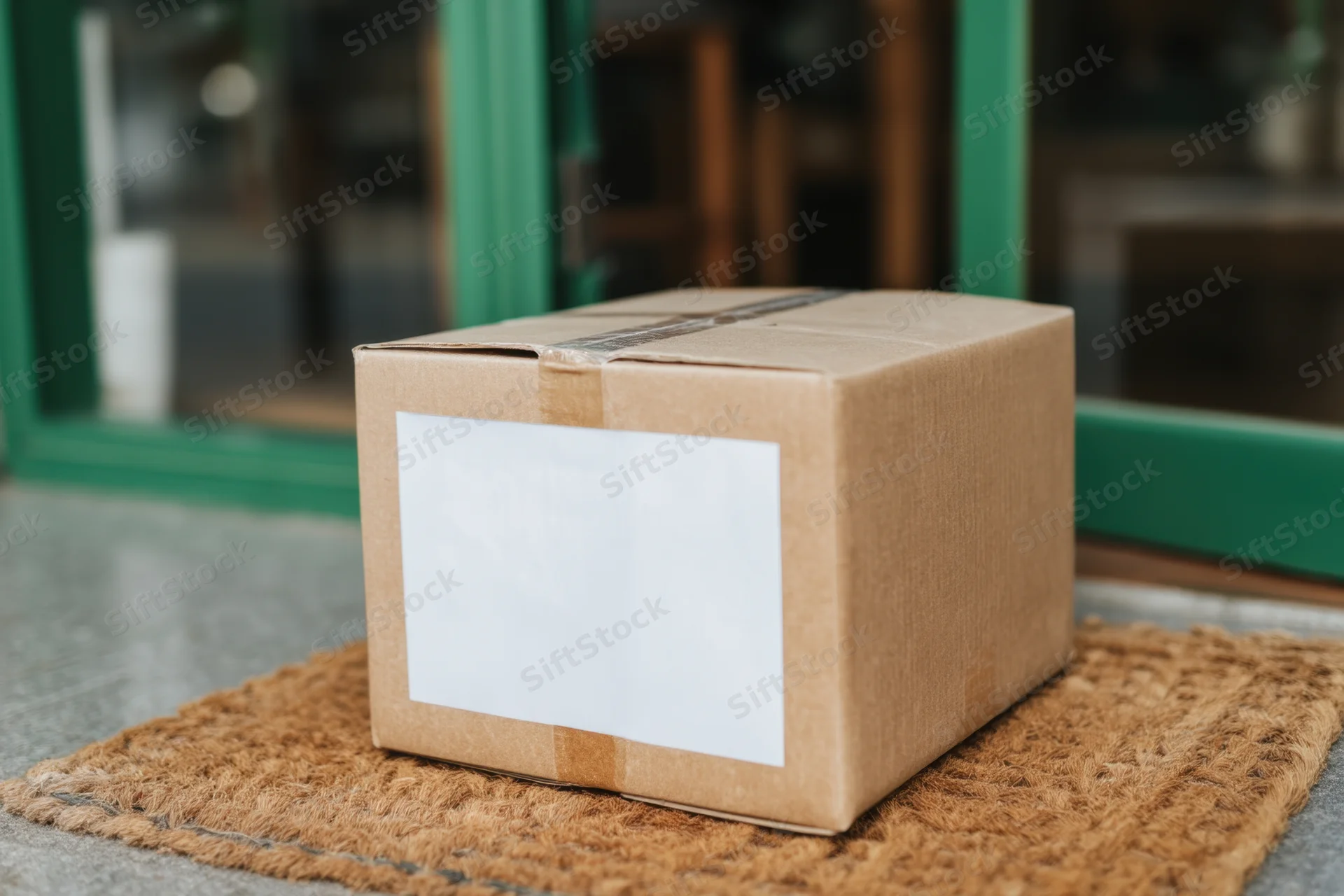Cardboard box with blank label on doormat at front door