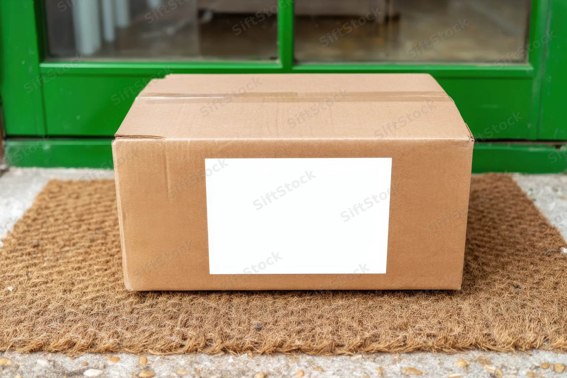 Cardboard box with blank white label on doormat in front of green door