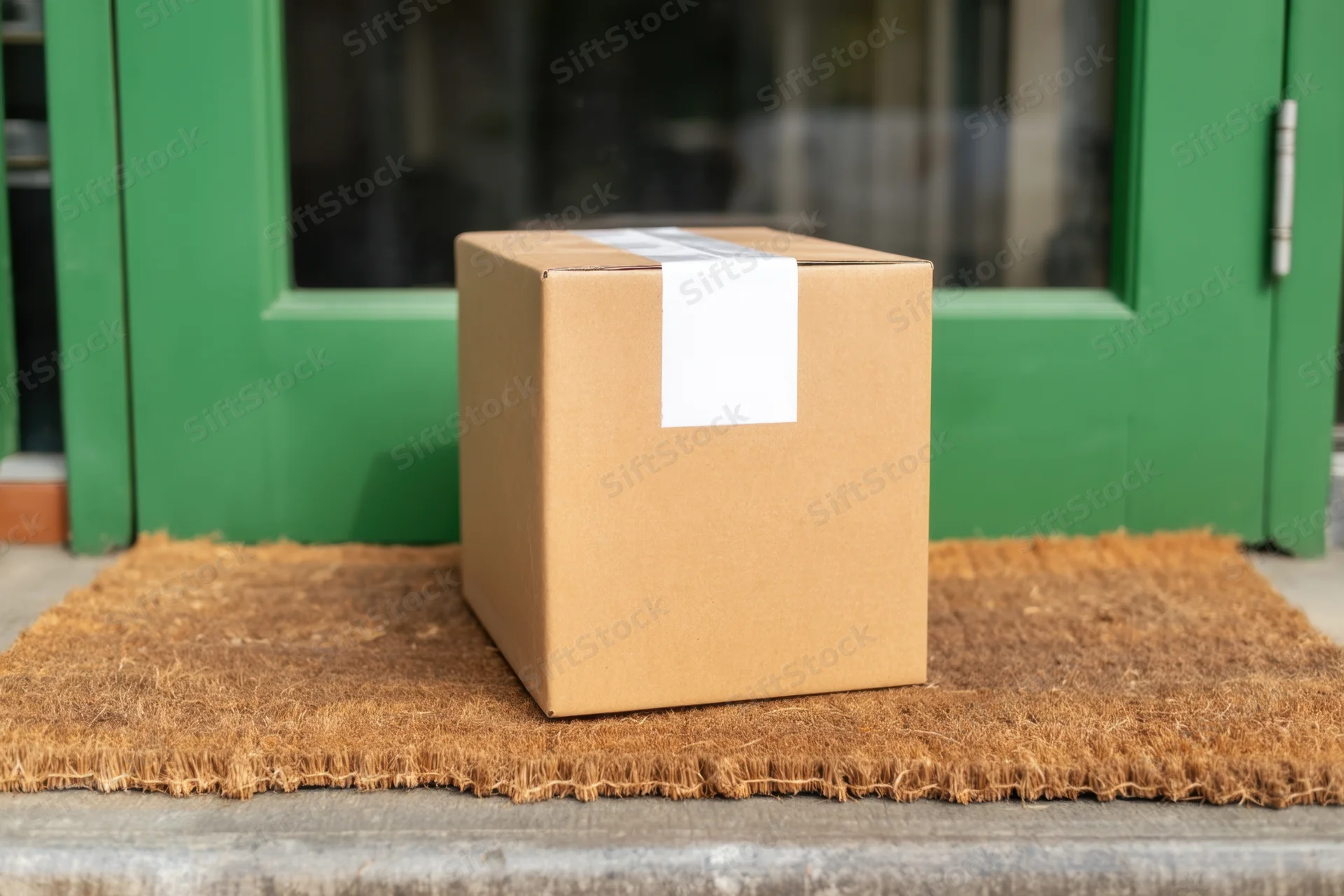 Cardboard box placed on doormat at front door entrance