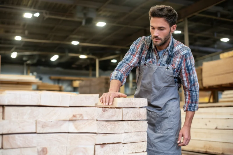Carpenter inspecting stacked lumber in a woodshop