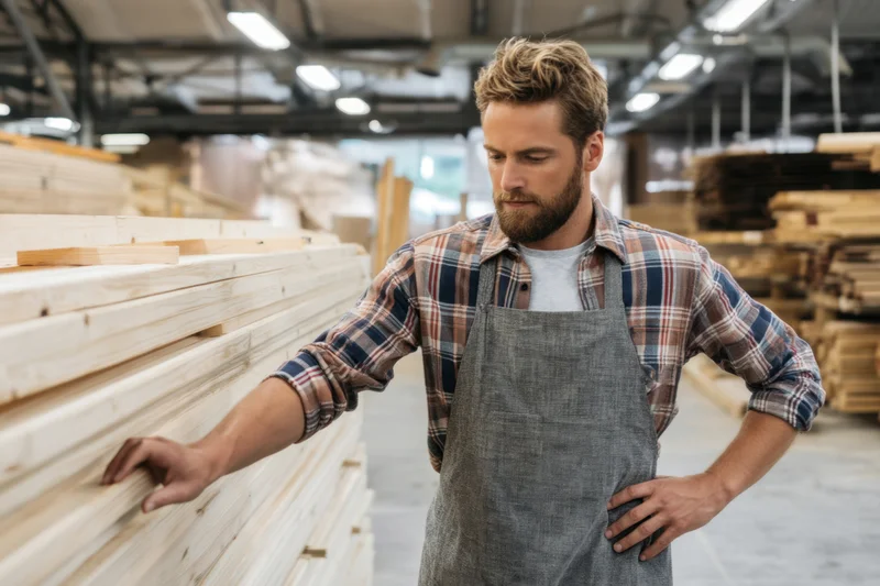 Carpenter inspecting stacked lumber in a woodshop