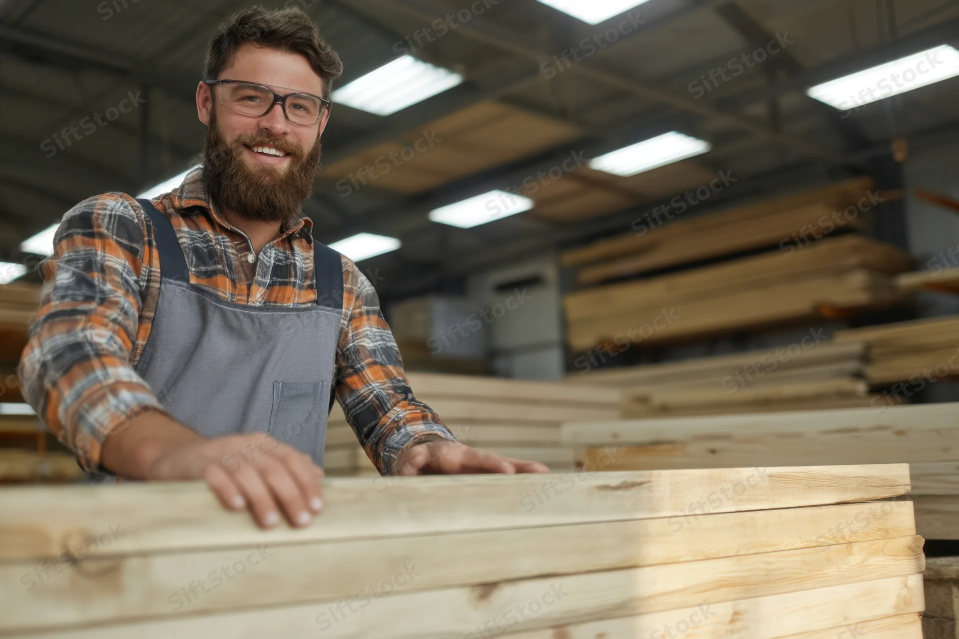 Smiling carpenter leaning on stacked wood planks in a workshop