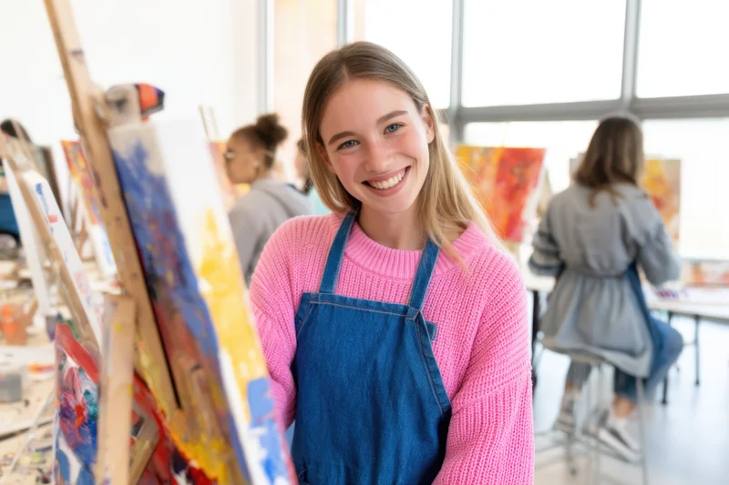 Young woman smiling in art class wearing denim apron and pink sweater, surrounded by easels and paintings in bright studio