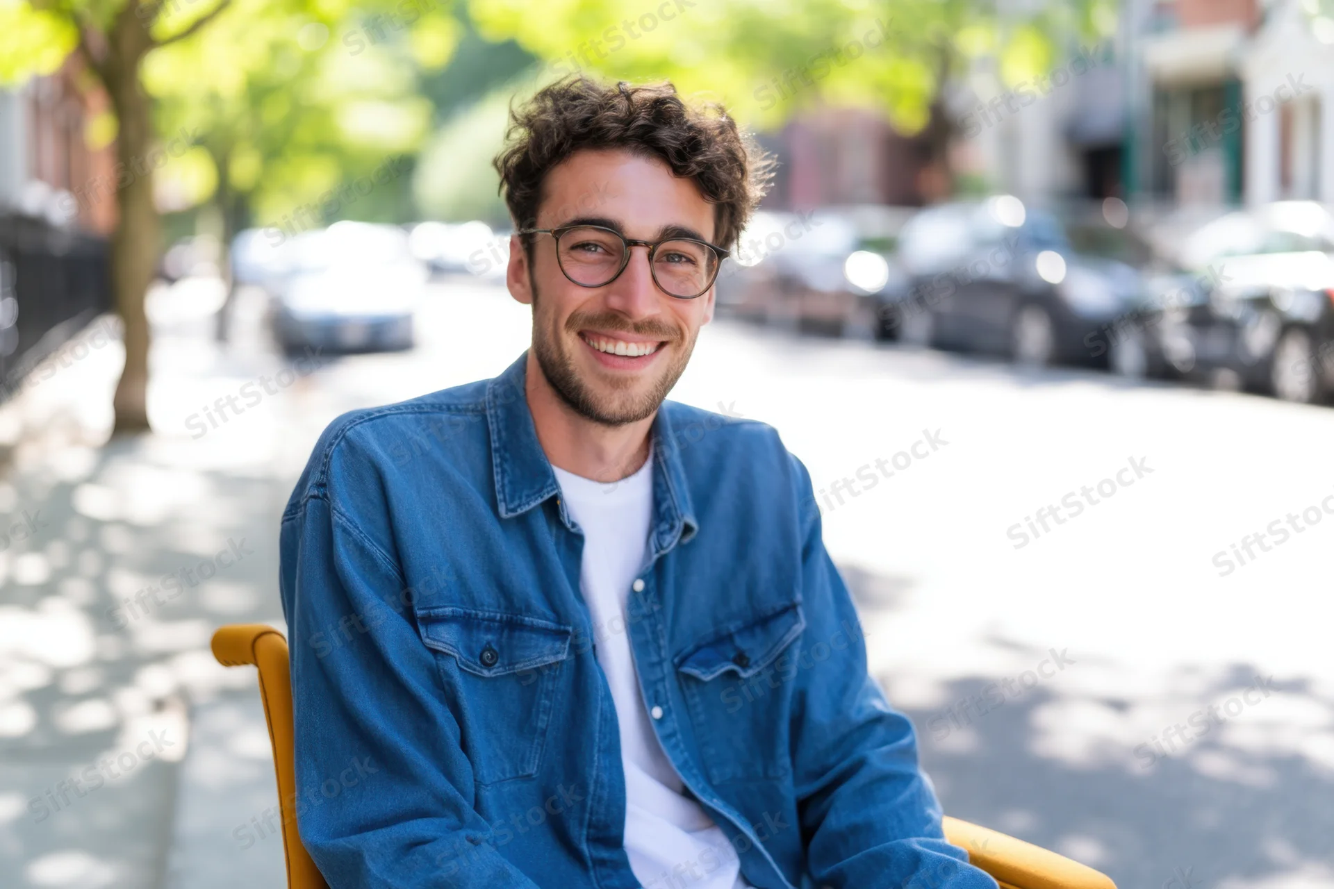Young man smiling while sitting on a chair outdoors on a city sidewalk