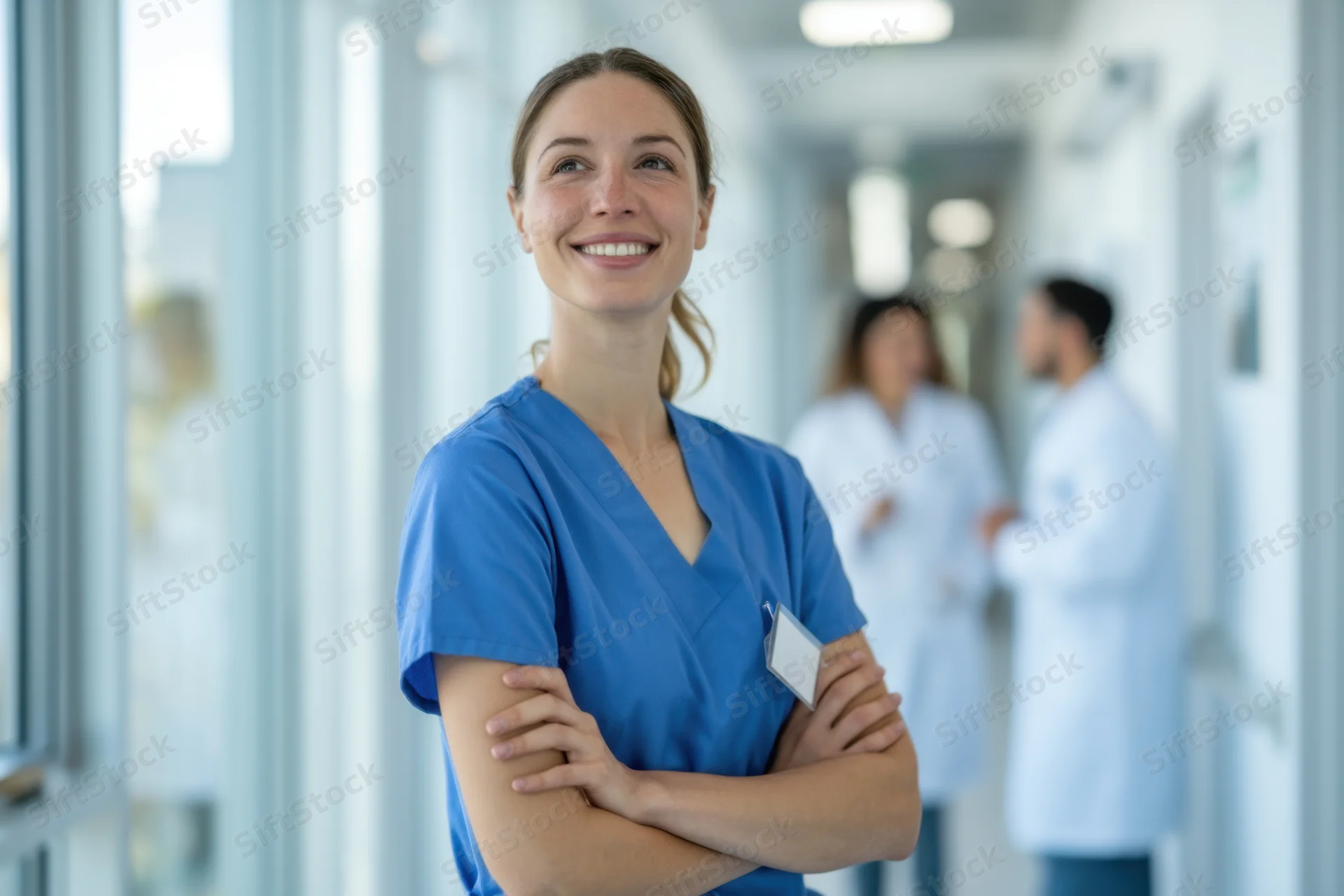 Nurse in blue scrubs smiling with arms crossed in hospital corridor