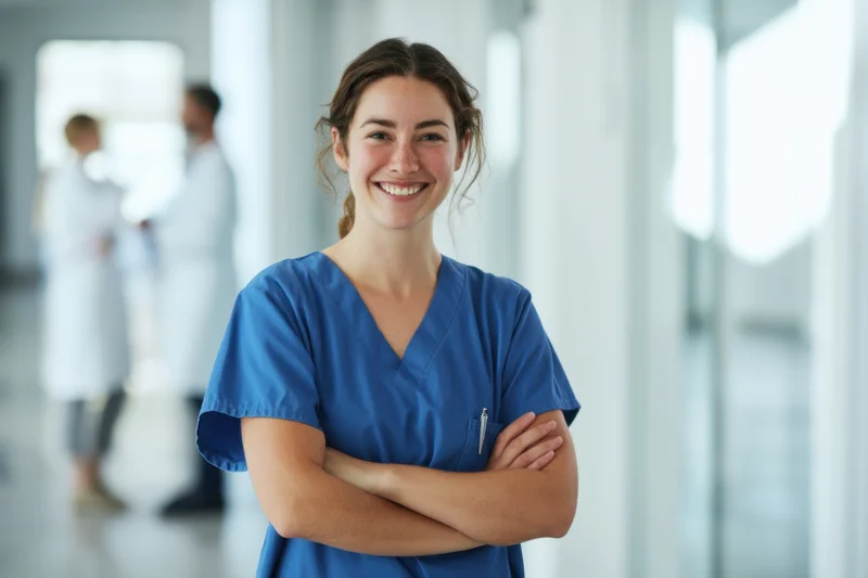 Nurse in blue scrubs smiling with arms crossed in hospital hallway