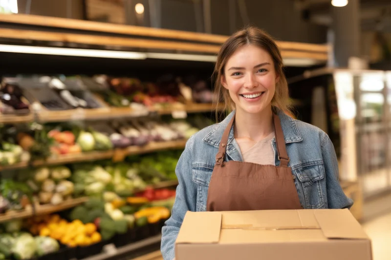Smiling woman in apron holding cardboard box in grocery store produce section