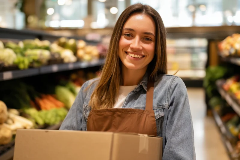 Smiling woman in denim apron holding cardboard box in supermarket produce aisle