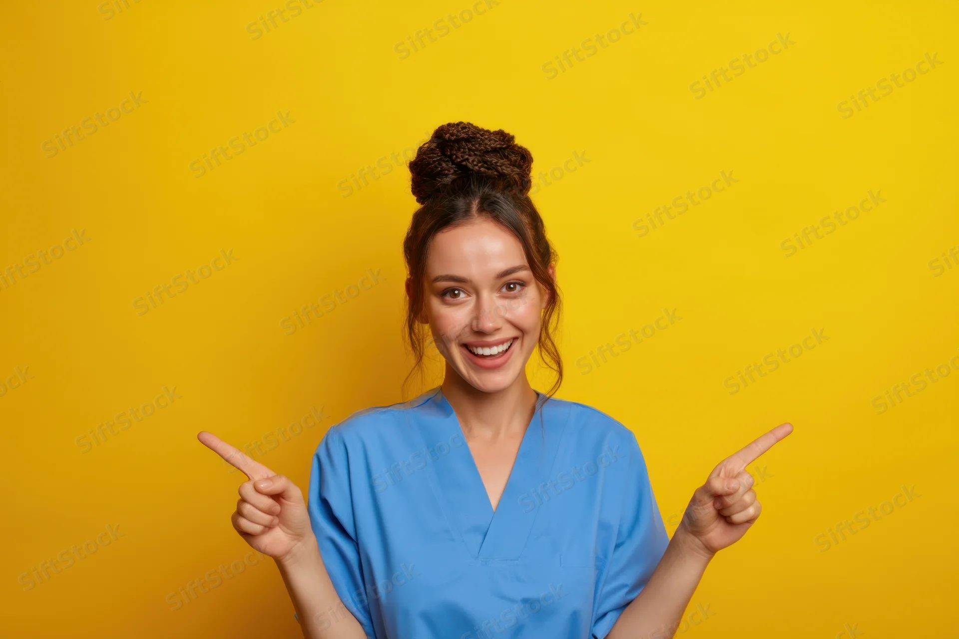 Woman in blue scrubs smiling and pointing to sides against yellow background
