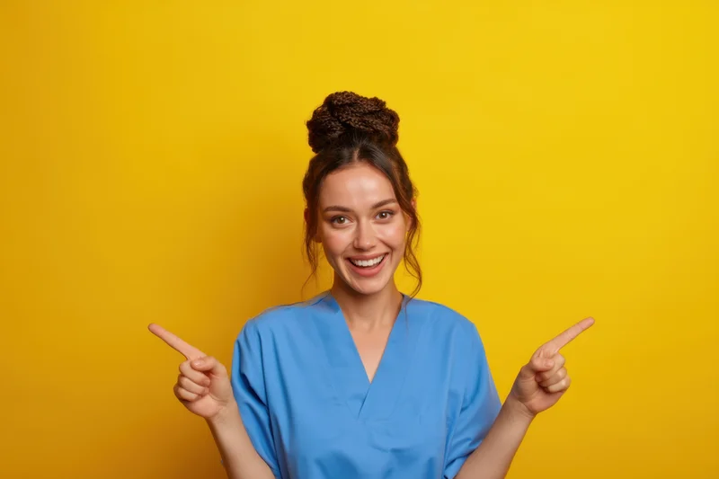 Woman in blue scrubs smiling and pointing to sides against yellow background