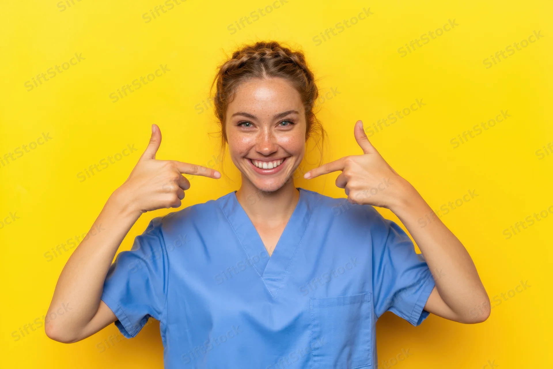 Nurse in blue scrubs pointing to her smile against yellow background