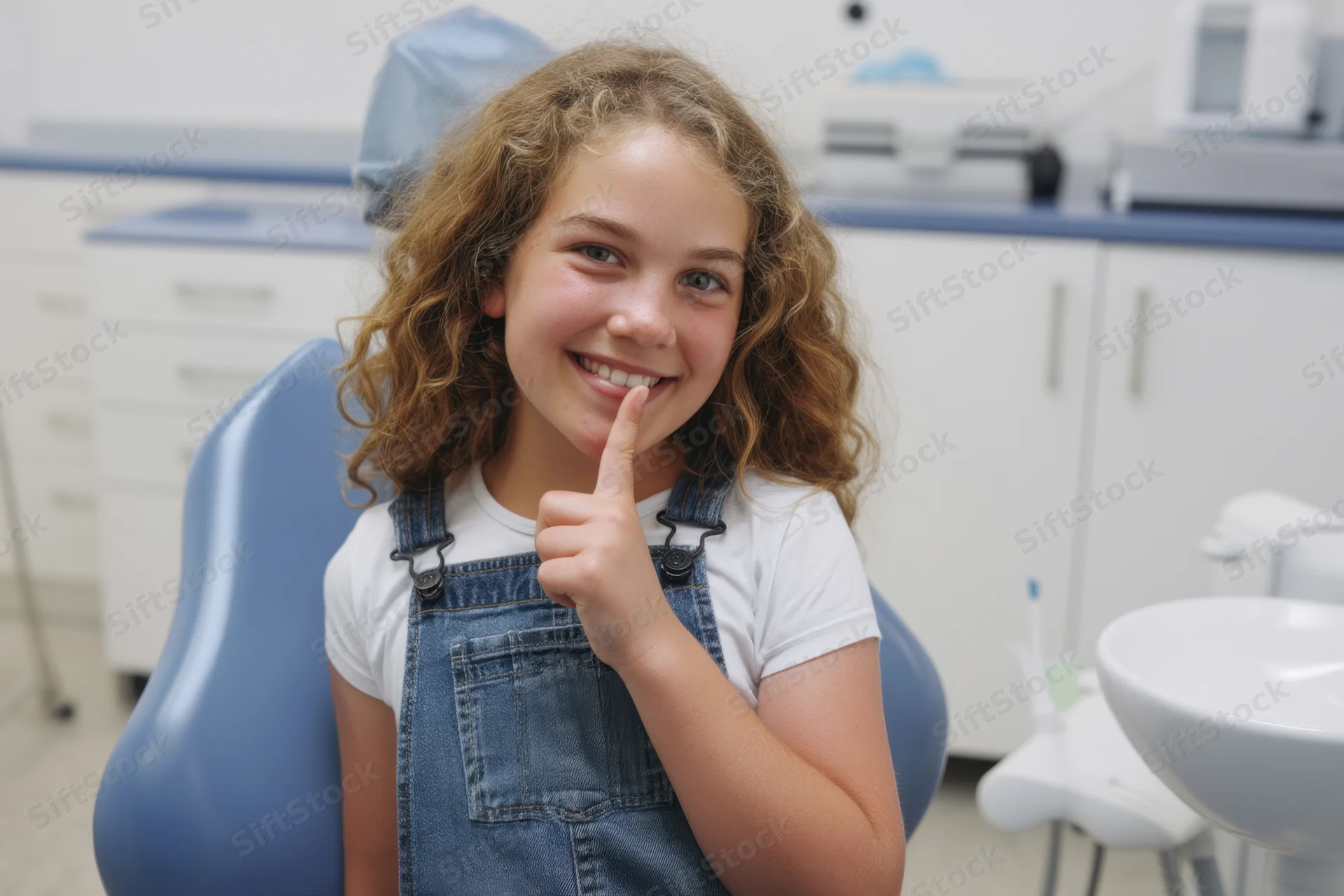 Young girl smiling and pointing to her tooth while sitting in a dental chair in a clinic