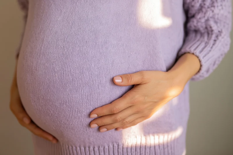 Pregnant woman cradling her belly in a lavender sweater indoors