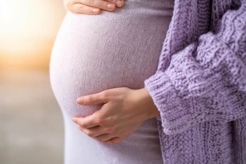 Pregnant woman cradling her belly with hands, wearing lavender knit sweater indoors